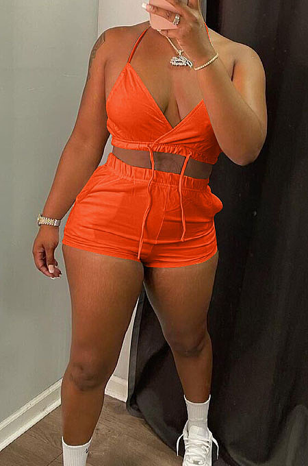 Orange Summer Condole Belt Strapless Crop Top Shorts Mid Waist Two Piece DN8624-3