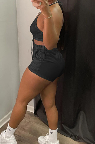 Black Summer Condole Belt Strapless Crop Top Shorts Mid Waist Two Piece DN8624-2