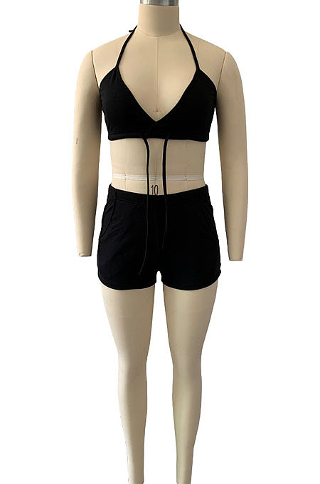 Black Summer Condole Belt Strapless Crop Top Shorts Mid Waist Two Piece DN8624-2