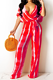 Yellow Stripe Tie Dye Print Sleeveless Loose V Neck Bandage Wide Leg Pants Two Piece LML258-1 