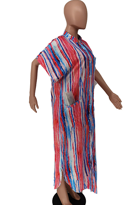 Colorful Print Colour Bar Loose Pocket Round Neck Single Breasted Shirt Dress NRS8076-2