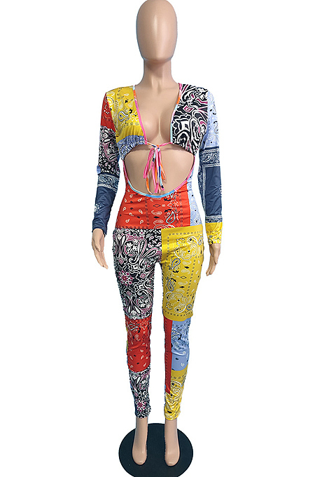 Colorful Color Matching Cashew Flowers Low Cut Tied Long Sleeve Bodycon Jumpsuits JG057  