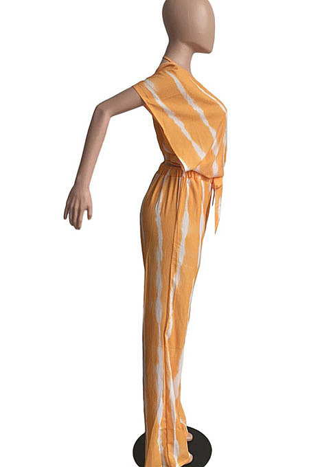 Blue Stripe Tie Dye Print Sleeveless Loose V Neck Bandage Wide Leg Pants Two Piece LML258-3