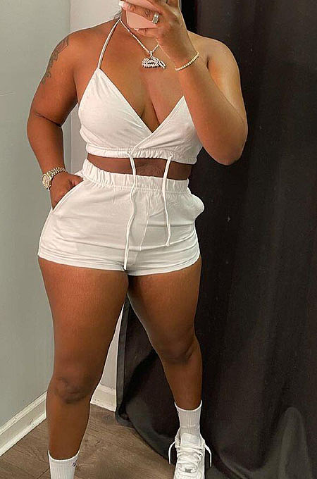 White Summer Condole Belt Strapless Crop Top Shorts Mid Waist Two Piece DN8624-1