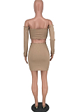 Camel Tight Pure Color Strapless Long Sleeve Crop Top Slim Fitting Short Skirt Sets HY5236-2