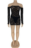 Khaki Perspective Mesh Sexy Strapless Long Sleeve Bodycon Mini Dress DN8625-1