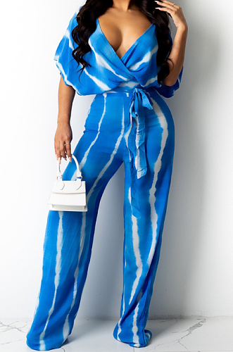 Blue Stripe Tie Dye Print Sleeveless Loose V Neck Bandage Wide Leg Pants Two Piece LML258-3