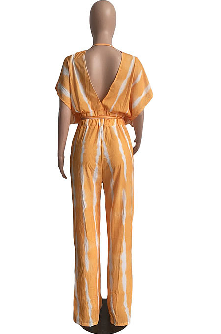 Blue Stripe Tie Dye Print Sleeveless Loose V Neck Bandage Wide Leg Pants Two Piece LML258-3
