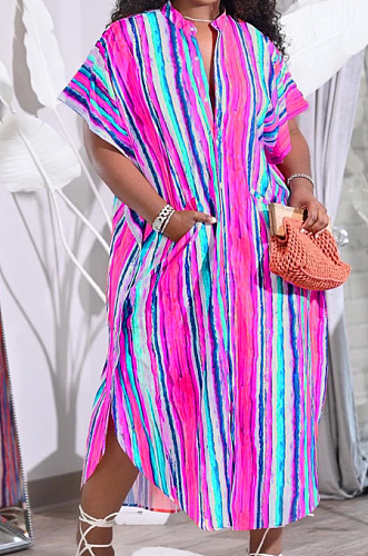 Colorful Print Colour Bar Loose Pocket Round Neck Single Breasted Shirt Dress NRS8076-3
