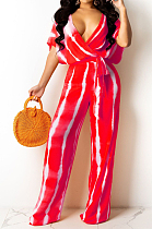 Red Stripe Tie Dye Print Sleeveless Loose V Neck Bandage Wide Leg Pants Two Piece LML258-2
