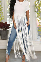 White Cute Pure Color Round Neck Long Tassel Short Sleeve T Shirts OLY6064-1