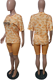 Peacock Blue Fashion Tie Dye Letter Print Round Neck Short Sleeve Shorts Casual Sets T231-2