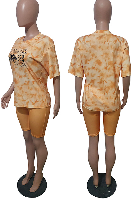 Peacock Blue Fashion Tie Dye Letter Print Round Neck Short Sleeve Shorts Casual Sets T231-2