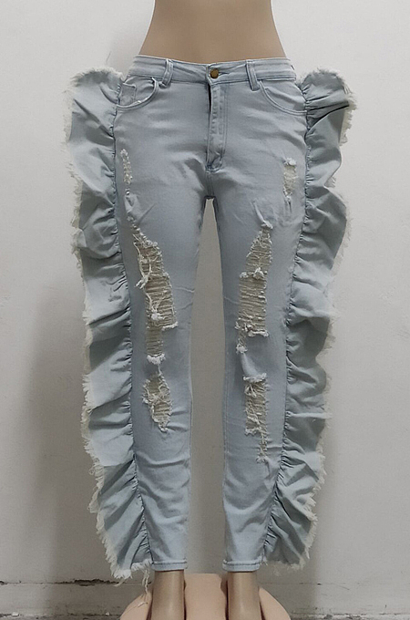 Light Blue Personality Water Washiong Hole Elastic Ruffle Jean Carrot Pants SMR2539