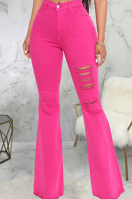 Orange Personality Hole Pure Color Elastic Jean Flare Pants SMR2475-1