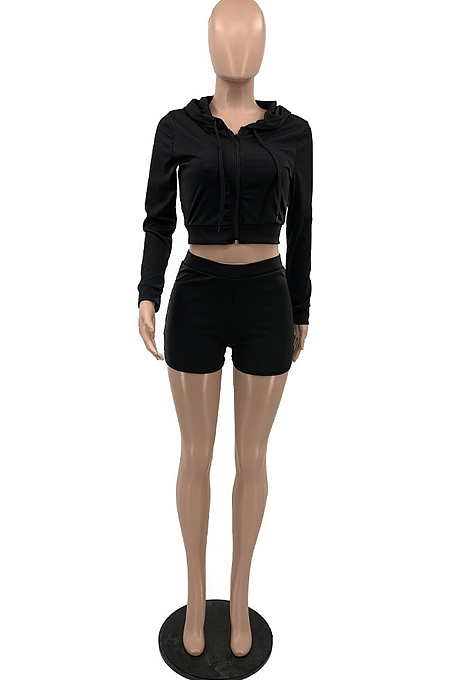 Orange Casual Hoodie Zipper Long Sleeve Crop Top Shorts Sports Two Piece QSS51026-2
