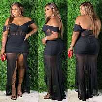 Club Women Off Shoulder Mesh Pure Color Sexy Long Dress KA7188