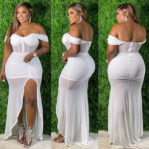 Club Women Off Shoulder Mesh Pure Color Sexy Long Dress KA7188
