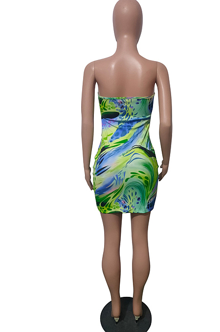 Blue Print Strapless Backless Bandage Dew Waist Sexy Hip Dress T226-2