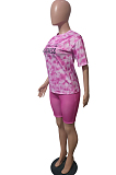 Peacock Blue Fashion Tie Dye Letter Print Round Neck Short Sleeve Shorts Casual Sets T231-2