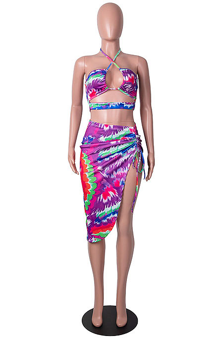 Orange Positioning Print Halter Neck Strapless Drawsting Irregularity Skirts Two Piece SZS8065-1