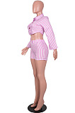 Light Blue Lapel Neck Button Long Sleeve Crop Shirts Mid Waist Shorts Two Piece SZS8101-3