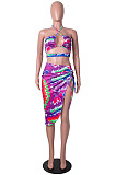 Red Positioning Print Halter Neck Strapless Drawsting Irregularity Skirts Two Piece SZS8065-2