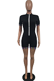 Black Half High Neck Zipper Spliced Short Sleeve Slim Fitting Romper Shorts T236-1