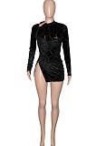 Blue Hollow Ourt Flocking Bouble Zipper Long Sleeve Sexy Mini Dress SN3910161-2