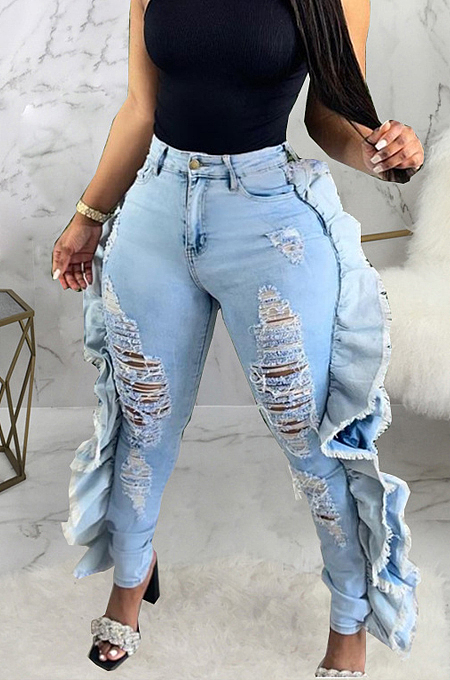Light Blue Personality Water Washiong Hole Elastic Ruffle Jean Carrot Pants SMR2539