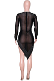 Khaki Hollow Out Mesh Hot Drilling Low Cut Long Sleeve Irregularity Dress SN390167-2