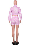 Purple Lapel Neck Button Long Sleeve Crop Shirts Mid Waist Shorts Two Piece SZS8101-1 