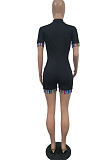 Green Half High Neck Zipper Spliced Short Sleeve Slim Fitting Romper Shorts T236-2