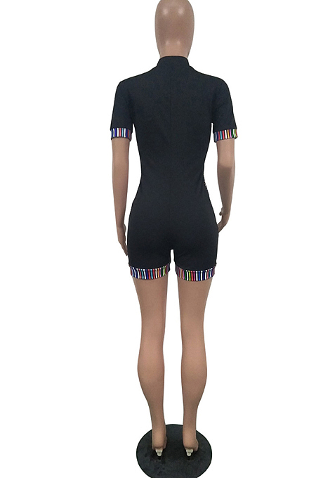 Green Half High Neck Zipper Spliced Short Sleeve Slim Fitting Romper Shorts T236-2
