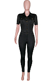 Dark Blue Casual Lapel Neck Short Sleeve Single-Breasted Bodycon Jumpsuits SN390172-2