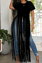 Black Cute Pure Color Round Neck Long Tassel Short Sleeve T Shirts OLY6064-2