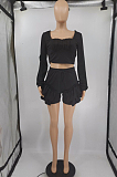 Cream White Low Cut Long Sleeve Crop Top Cute Mid Waist Ruffle Shorts Two-Piece MTY6566-2