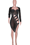 Black Hollow Out Mesh Hot Drilling Low Cut Long Sleeve Irregularity Dress SN390167-1