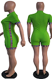 Black Half High Neck Zipper Spliced Short Sleeve Slim Fitting Romper Shorts T236-1