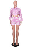 Light Blue Lapel Neck Button Long Sleeve Crop Shirts Mid Waist Shorts Two Piece SZS8101-3