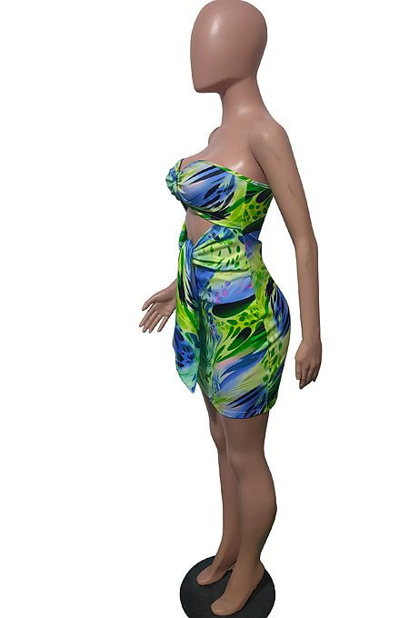 Wine Red Print Strapless Backless Bandage Dew Waist Sexy Hip Dress T226-3