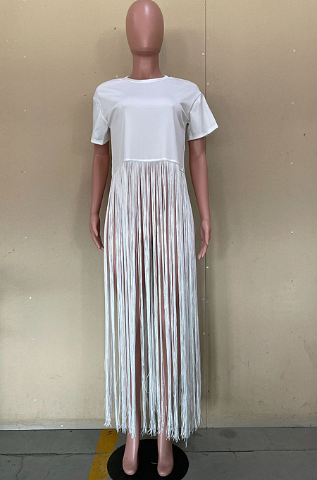Black Cute Pure Color Round Neck Long Tassel Short Sleeve T Shirts OLY6064-2