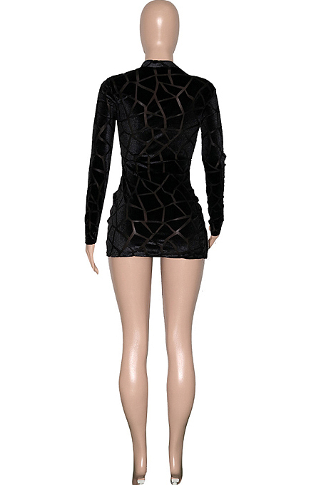 Black Hollow Ourt Flocking Bouble Zipper Long Sleeve Sexy Mini Dress SN3910161-1
