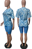 Pink Fashion Tie Dye Letter Print Round Neck Short Sleeve Shorts Casual Sets T231-1