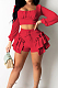 Red Low Cut Long Sleeve Crop Top Cute Mid Waist Ruffle Shorts Two-Piece MTY6566-1
