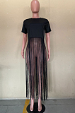 Black Cute Pure Color Round Neck Long Tassel Short Sleeve T Shirts OLY6064-2