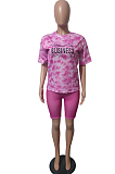 Orange Blue Fashion Tie Dye Letter Print Round Neck Short Sleeve Shorts Casual Sets T231-3