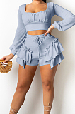 Light Blue Low Cut Long Sleeve Crop Top Cute Mid Waist Ruffle Shorts Two-Piece MTY6566-4