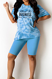 Orange Blue Fashion Tie Dye Letter Print Round Neck Short Sleeve Shorts Casual Sets T231-3