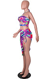 Purple Positioning Print Halter Neck Strapless Drawsting Irregularity Skirts Two Piece SZS8065-3